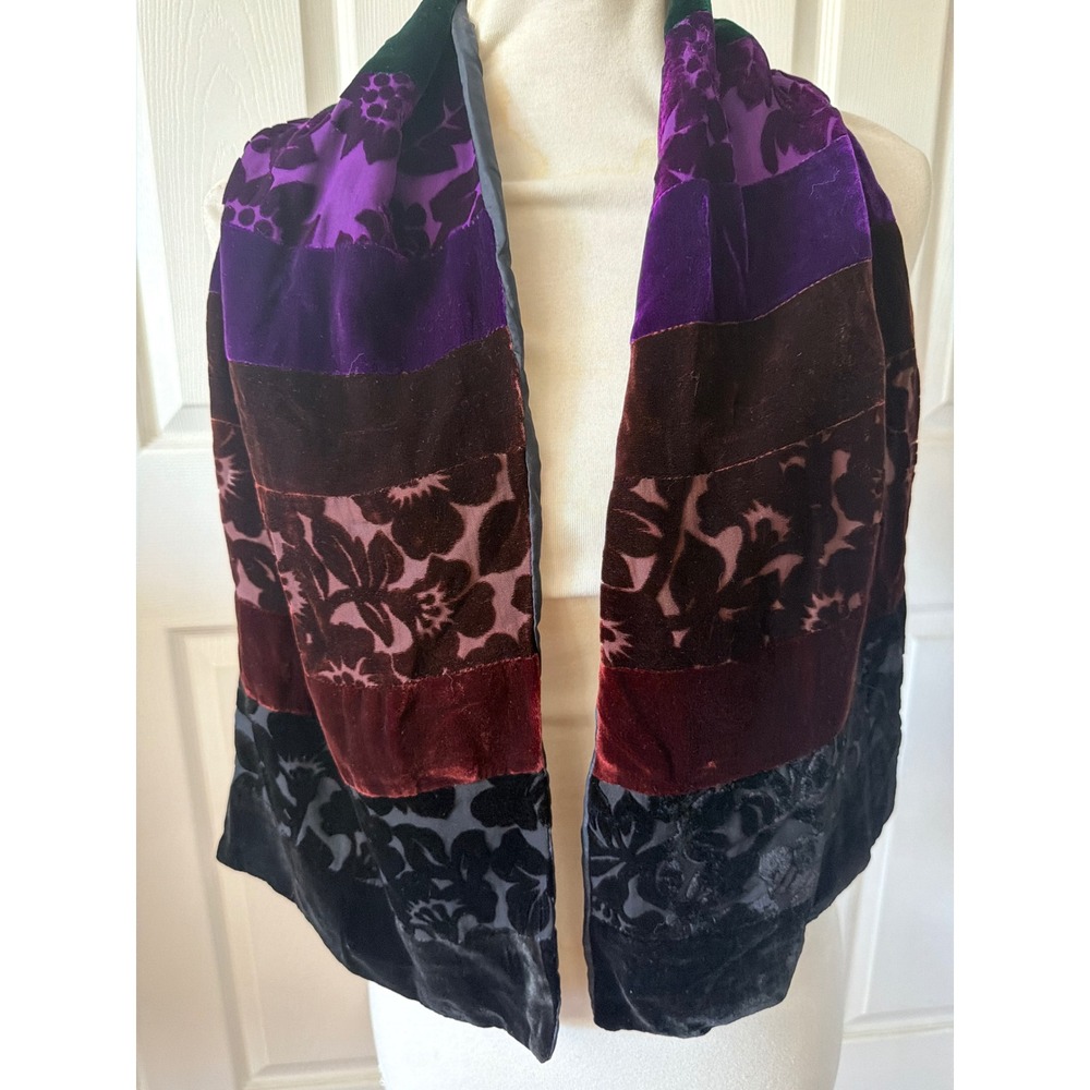 Velvet Patchwork Burnout Scarf Wrap Purple Burgundy Floral Whimsigoth Boho